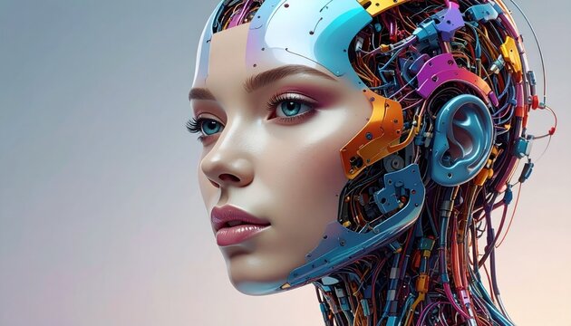 Close-up of a human-like cyborg with detailed metallic components