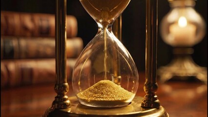 Close up of beautiful golden hourglass with flowing sand time running out vintage books and candle light - Powered by Adobe