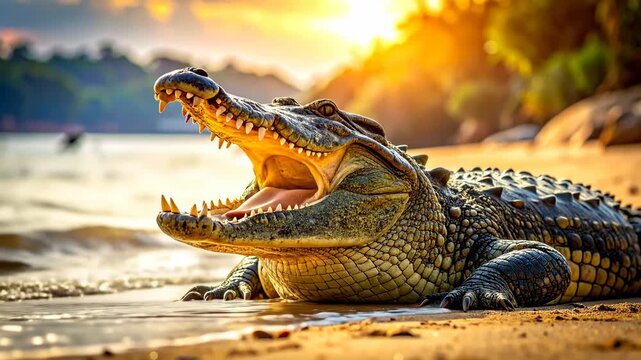 Crocodile basking in the sun on a sandy beach with its mouth open, showcasing its sharp teeth and powerful jaws, a stunning display of wildlife in its natural habitat.