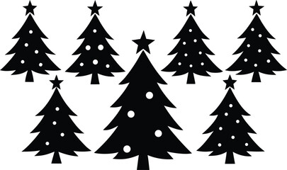 A collection of Christmas trees, each decorated with ornaments and star silhouette vector illustration