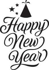 Happy New Year Typography with festive party icon silhouette vector illustration