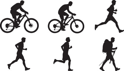 Fototapeta premium silhouettes of people cycling vector illustration with woman biker jumping on mountain bike