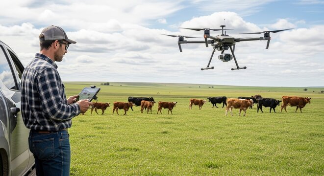 Modern Rancher Using Agricultural Drone and Digital Tablet for Precision Cattle Management