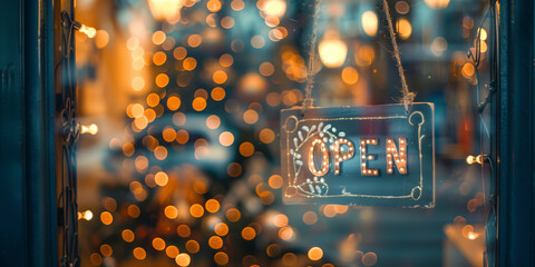 Glass storefront with a glowing "OPEN" sign during the Christmas season