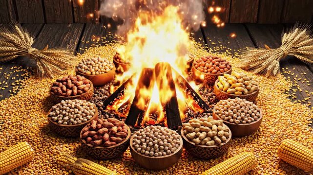 Rustic Brazilian Festa Junina celebration with a warm bonfire and traditional foods like corn and peanuts in a detailed Animation 4k loop