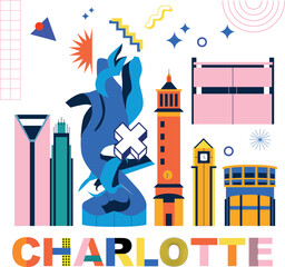Typography word Charlotte branding technology concept. Collection of flat vector web icons. American culture travel set, Memphis architectures, specialties detailed silhouette. Doodle famous landmarks