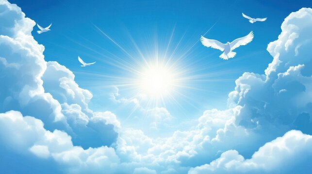 Heavenly Peace Doves Soaring in Sunlight.
