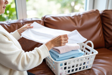 Mindful Clothing Organization – Senior Woman Sorting Laundry for Sustainable Home Management and Eco-Friendly Lifestyle Blogs