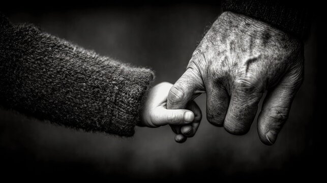 A close-up black and white shot of an adult's wrinkled hand gently holding a child's hand, signifying connection and the passage of time.