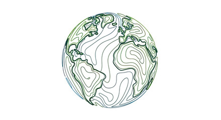 A globe outline with a topographic feel, using shades of green and blue on a white background