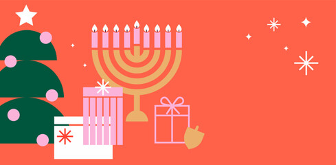geometric Happy Holidays greeting for Christmas and Hanukkah. Modern design for traditional holiday. Menorah, dove, candles and dreidel illustrations