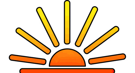A stylized illustration of a rising sun with orange, yellow, and black outlining on white