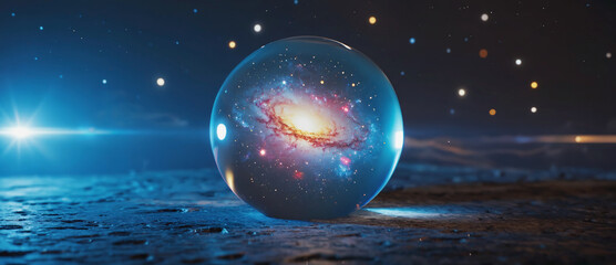 Cosmic Marvel: A luminous sphere cradles a swirling galaxy, reflecting the boundless beauty of the cosmos with shimmering celestial lights, set against a dark expanse.