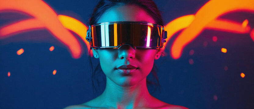 Cyberpunk Gaze: A captivating portrait of a woman immersed in the world of augmented reality, adorned with futuristic eyewear, surrounded by the neon glow. 