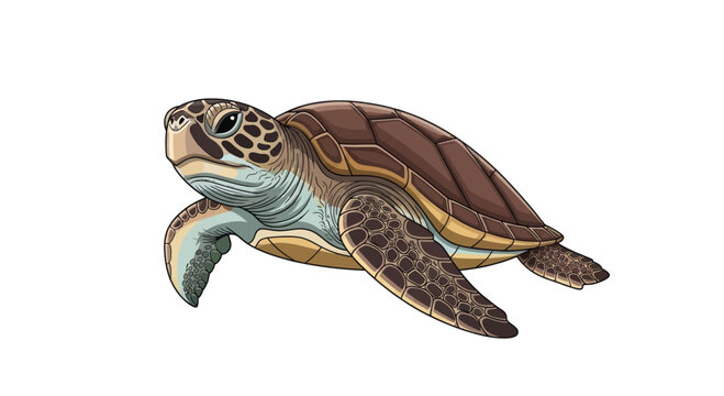 A vibrant, detailed illustration of a sea turtle, rendered with shading and crisp outlines on white