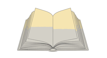 Open illustrated book with two opened pages. Stacked pages are yellow and gray. Simple illustration