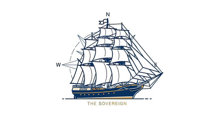 Stylized illustration of a tall ship with multiple sails, compass points, and the name 