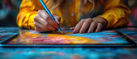 Obraz premium Close-up of woman's hands using stylus to paint on digital tablet.