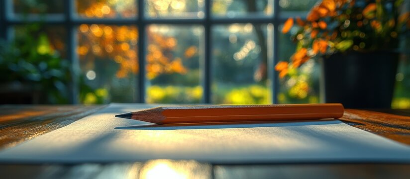 Pencil on paper near window with autumnal view.
