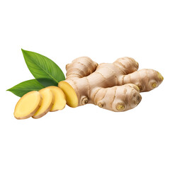 Fresh ginger root with small sliced pieces and green leaves, perfect for spice, herbal, and organic food design. isolated on white or transparent background.PNG format.