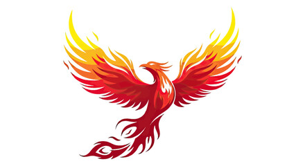 A stylized mythical bird, with wings of fire, soaring upward against a white backdrop
