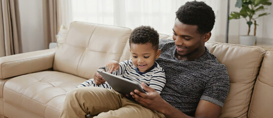 Cozy Connection: Father and Son Tablet Time: A tender moment unfolds as a father and his son bond over a tablet on a comfortable sofa, surrounded by the warmth of home.