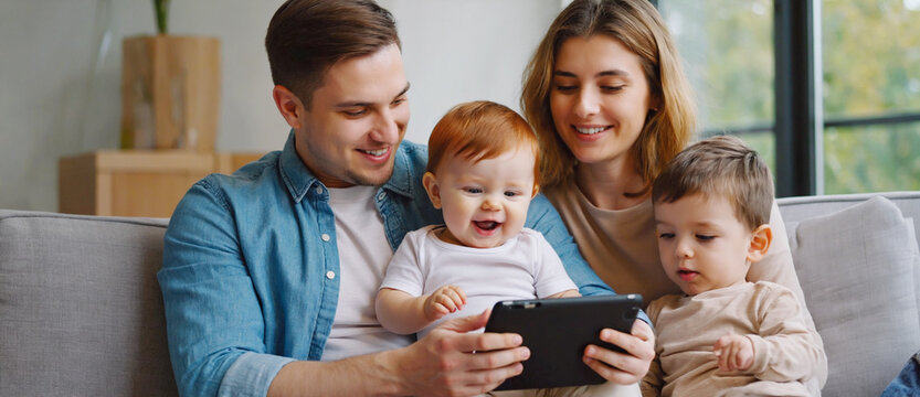 Family Tablet Time: A loving family of four, including two young children, gathers together on a comfortable sofa, engrossed in a shared moment of connection while interacting with a tablet.