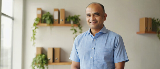 Business Leader's Confidence: A confident man stands in his modern office, a picture of assuredness, exuding the spirit of a strategic visionary.