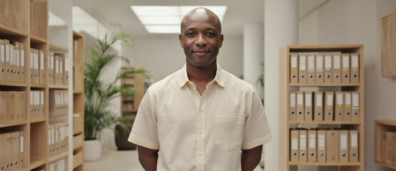 Confident professional: A poised individual stands confidently within an office environment, exuding a sense of competence and approachability. Capturing a moment of leadership and workplace unity.