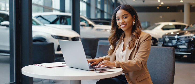 Professional Woman in Dealership: A confident woman in a business suit sits at a table in a car dealership, using a laptop, embodying professionalism, efficiency, and customer service.