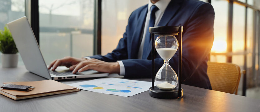 Focused Productivity: An executive engrossed in work, a modern office setting where precision and ambition converge, alongside a striking hourglass that symbolizes the preciousness of time.