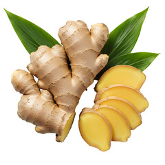 Fresh ginger root with small sliced pieces and green leaves, perfect for spice, herbal, and organic food design. isolated on white or transparent background.PNG format.