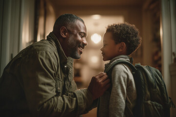 Warm, candid moment of a father encouraging his son before school. Authentic family lifestyle image showing love, pride, and connection in a cozy home environment.
