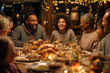 Diverse family celebrating together during a festive dinner, sharing laughter and love. Inclusive family photography showing unity, cultural warmth, and joy of togetherness.