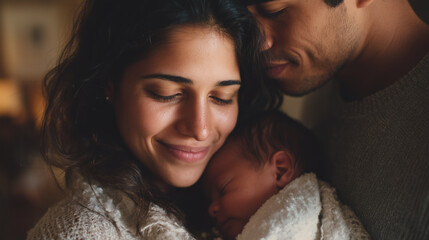 Realistic tender moment of new parents caring for their newborn baby at home. Heartwarming emotional family photography showing love, nurturing, and new beginnings.