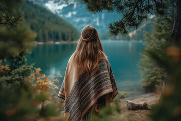 Woman From Behind In A Patterned Poncho Overlooking Mountain Lake Nature Scene