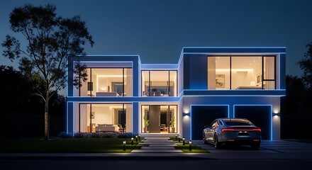 Modern Luxury Home Lit Up at Night  Contemporary Architecture with Driveway, and Glowing Lights.