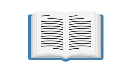 A digitally rendered, open book illustration. Pages are white with black text, bound in a blue cover