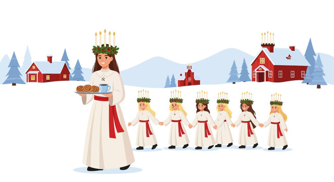 Saint Lucy's Day procession with Lucia and her maidens in a snowy Swedish village