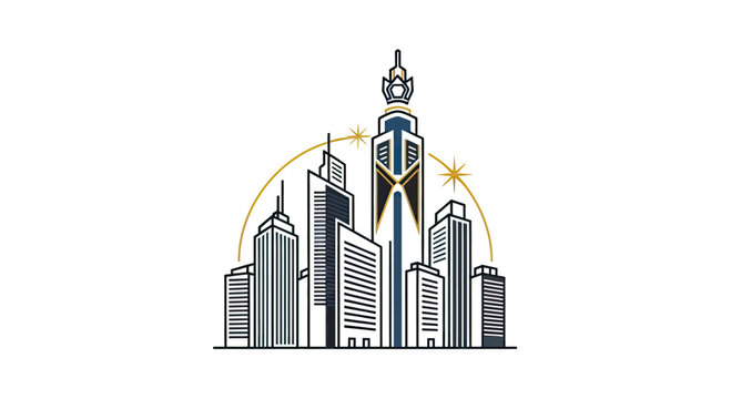 Stylized skyline illustration depicting various buildings with a large, ornate central skyscraper