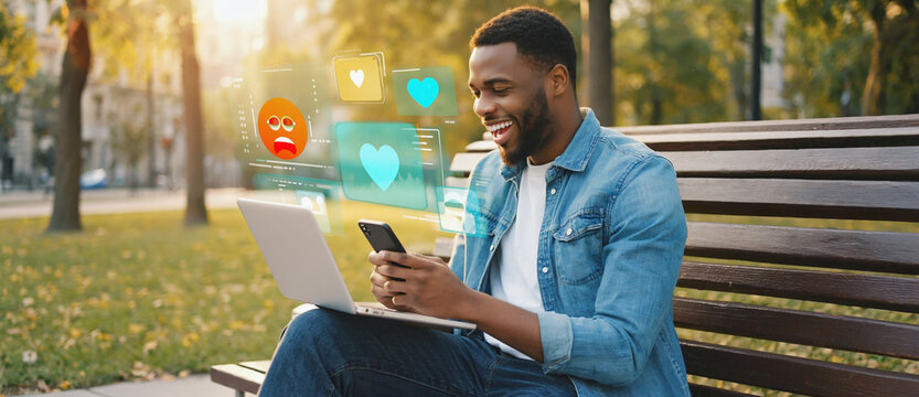 Digital Harmony: An individual enjoys a moment of connection amidst nature, interacting with digital world via a laptop and a smartphone. Animated icons float around.