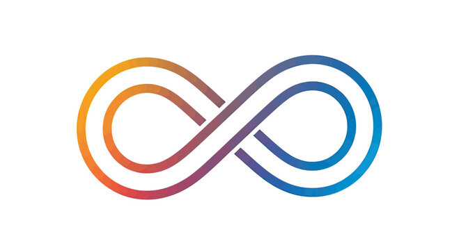 A vibrant, colorful infinity symbol, with a gradient of warm to cool hues, on a white background
