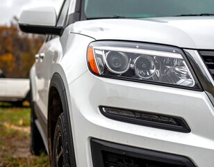 Fototapeta premium Close-up of a white SUV's headlight, capturing its design and surrounding bodywork
