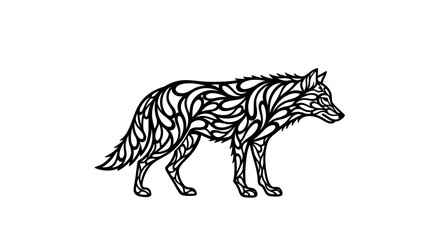 A graphic, stylized black wolf silhouette on a white background, with intricate ornamental detailing