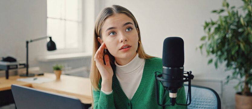 Podcast recording: A young woman sits attentively in front of a microphone, her gaze directed upwards as she engages in a captivating podcast recording session.