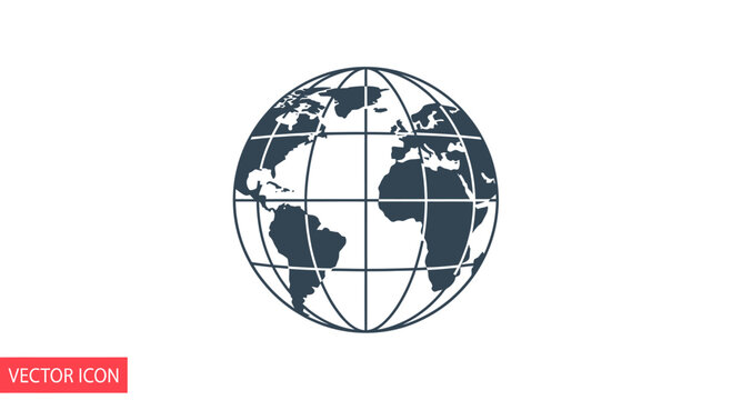 A simple dark blue-gray world map vector icon on a white background. It's a globe graphic