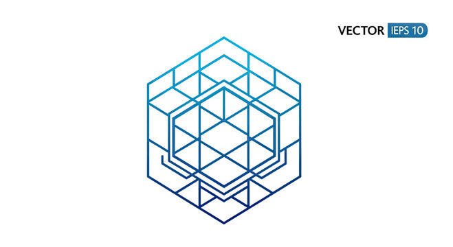 A blue-gradient outlined cube with interior geometric shapes on a white backdrop, vector illustration