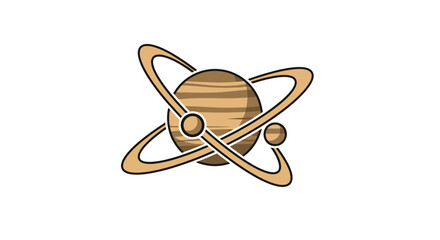Brown and beige illustration of a planet with rings and connected circles
