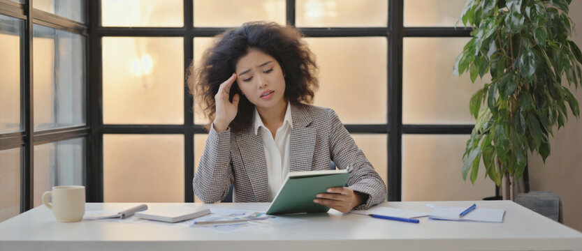 Concentration at Desk: An focused businesswoman immersed in her task at her desk, engrossed in a detailed examination of digital tablets.