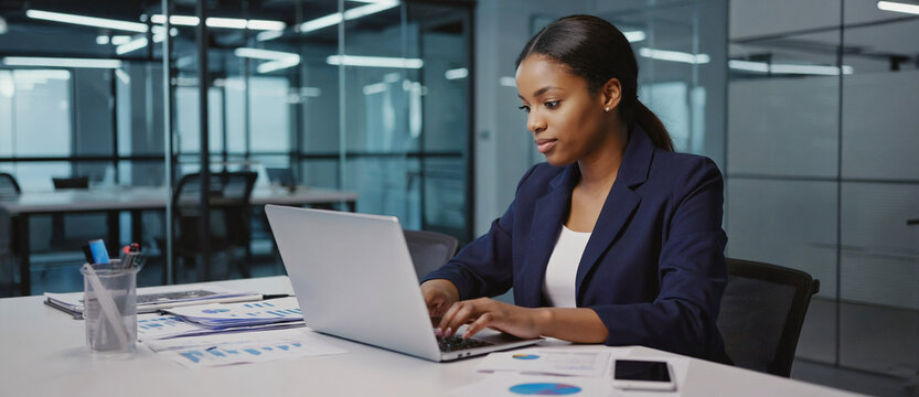 Focused Professional: An focused professional, illuminated by ambient light, diligently works on a laptop in a modern office, surrounded by design